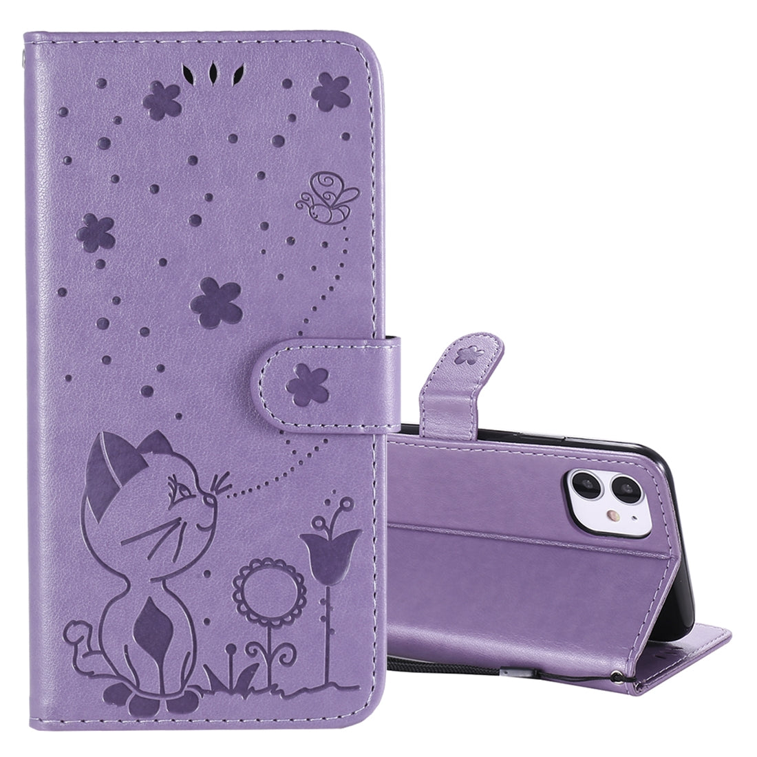 For Apple iPhone 11 Cat and Bee Embossed Flip Leather Phone Case Wallet Cover with Card Slots Cash Pocket Magnetic Stand Protective Shockproof TPU PU Leather Case with Wrist Strap