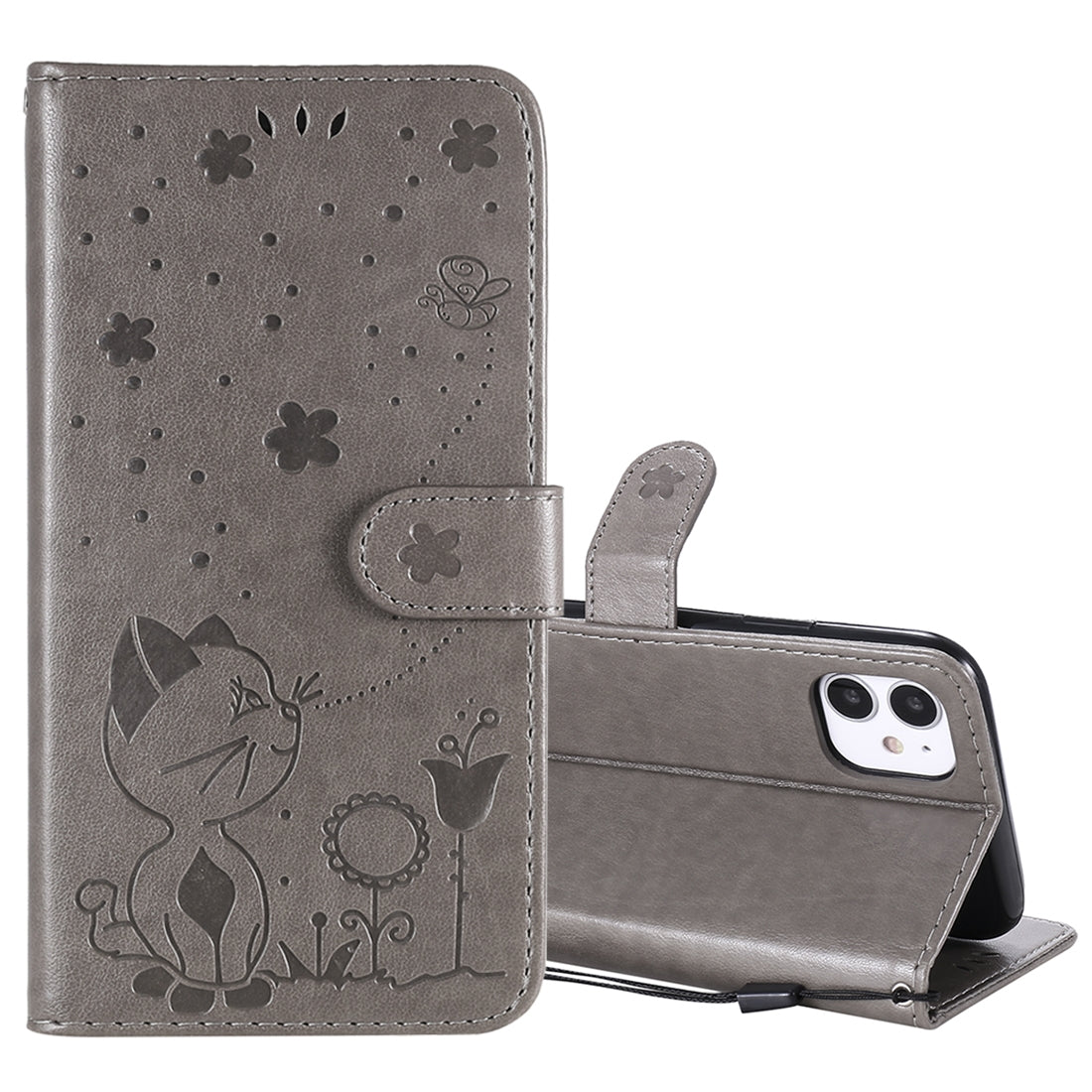 For Apple iPhone 11 Cat and Bee Embossed Flip Leather Phone Case Wallet Cover with Card Slots Cash Pocket Magnetic Stand Protective Shockproof TPU PU Leather Case with Wrist Strap