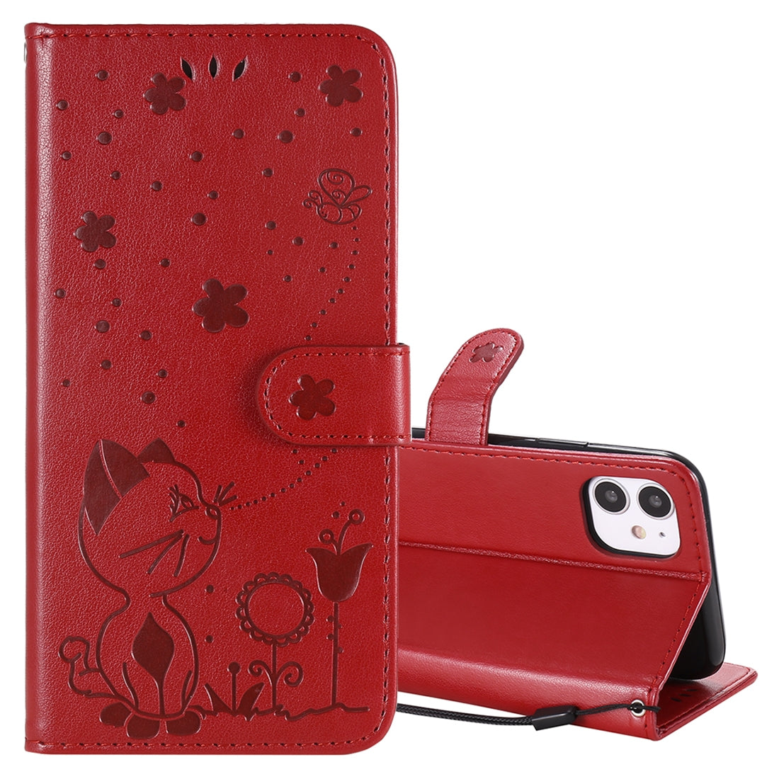 For Apple iPhone 11 Cat and Bee Embossed Flip Leather Phone Case Wallet Cover with Card Slots Cash Pocket Magnetic Stand Protective Shockproof TPU PU Leather Case with Wrist Strap