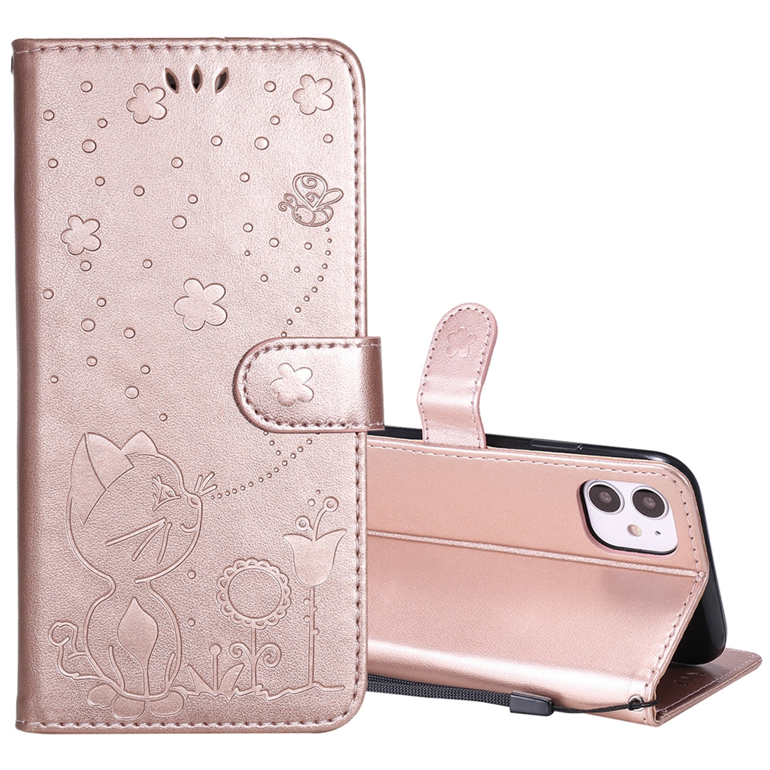 For Apple iPhone 11 Cat and Bee Embossed Flip Leather Phone Case Wallet Cover with Card Slots Cash Pocket Magnetic Stand Protective Shockproof TPU PU Leather Case with Wrist Strap