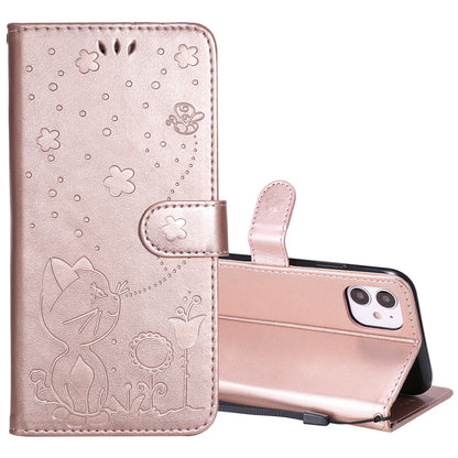 For Apple iPhone 11 Cat and Bee Embossed Flip Leather Phone Case Wallet Cover with Card Slots Cash Pocket Magnetic Stand Protective Shockproof TPU PU Leather Case with Wrist Strap