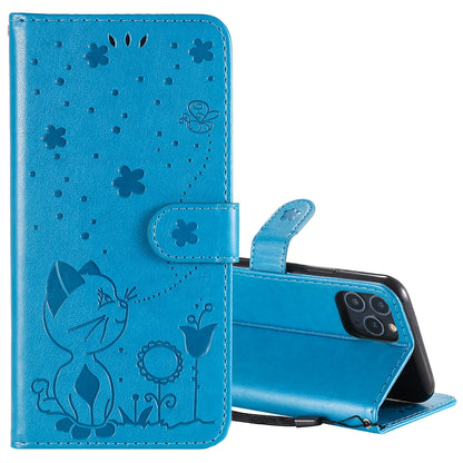For Apple iPhone 11 Pro Cat and Bee Embossed Flip Leather Phone Case Wallet Cover with Card Slots Cash Pocket Magnetic Stand Protective Shockproof TPU PU Leather Case with Wrist Strap