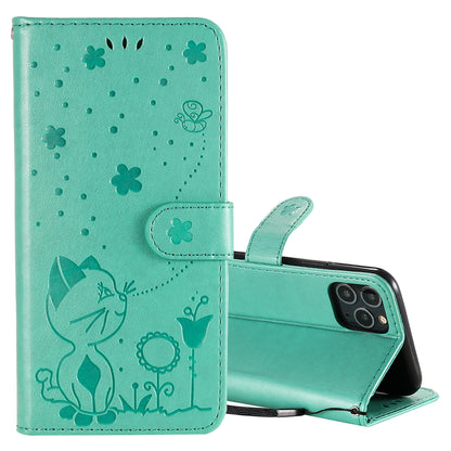 For Apple iPhone 11 Pro Cat and Bee Embossed Flip Leather Phone Case Wallet Cover with Card Slots Cash Pocket Magnetic Stand Protective Shockproof TPU PU Leather Case with Wrist Strap