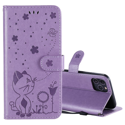 For Apple iPhone 11 Pro Cat and Bee Embossed Flip Leather Phone Case Wallet Cover with Card Slots Cash Pocket Magnetic Stand Protective Shockproof TPU PU Leather Case with Wrist Strap