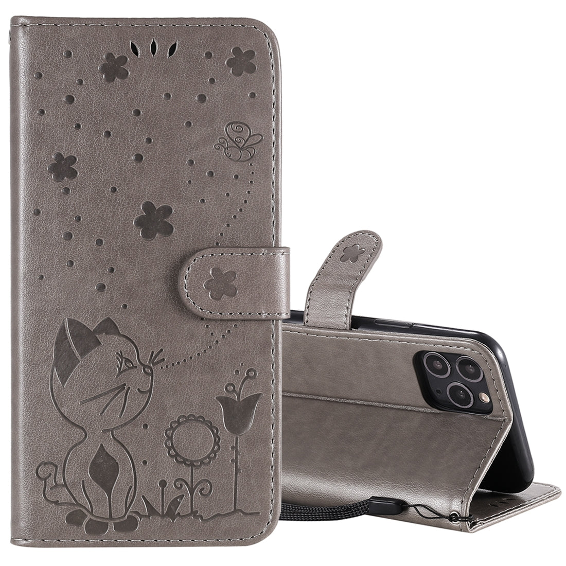 For Apple iPhone 11 Pro Cat and Bee Embossed Flip Leather Phone Case Wallet Cover with Card Slots Cash Pocket Magnetic Stand Protective Shockproof TPU PU Leather Case with Wrist Strap