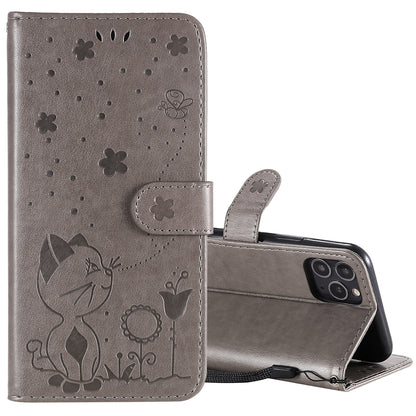 For Apple iPhone 11 Pro Cat and Bee Embossed Flip Leather Phone Case Wallet Cover with Card Slots Cash Pocket Magnetic Stand Protective Shockproof TPU PU Leather Case with Wrist Strap