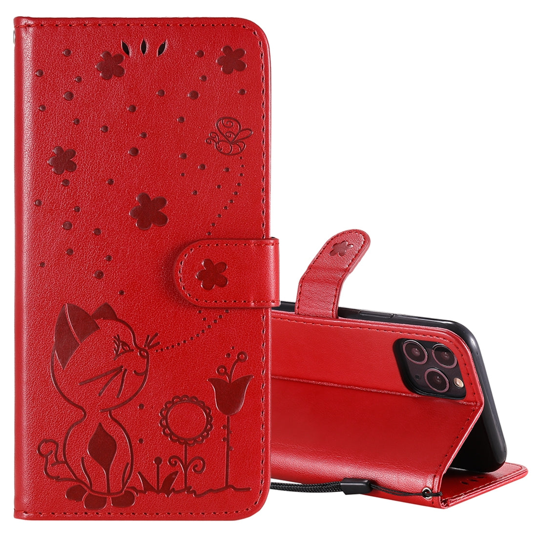 For Apple iPhone 11 Pro Cat and Bee Embossed Flip Leather Phone Case Wallet Cover with Card Slots Cash Pocket Magnetic Stand Protective Shockproof TPU PU Leather Case with Wrist Strap