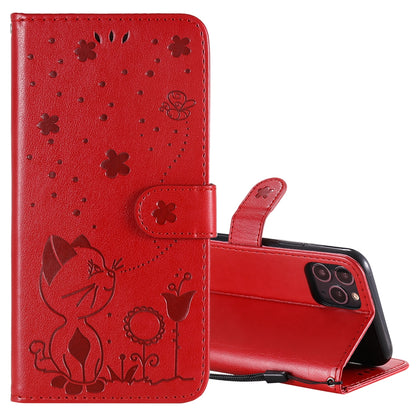 For Apple iPhone 11 Pro Cat and Bee Embossed Flip Leather Phone Case Wallet Cover with Card Slots Cash Pocket Magnetic Stand Protective Shockproof TPU PU Leather Case with Wrist Strap