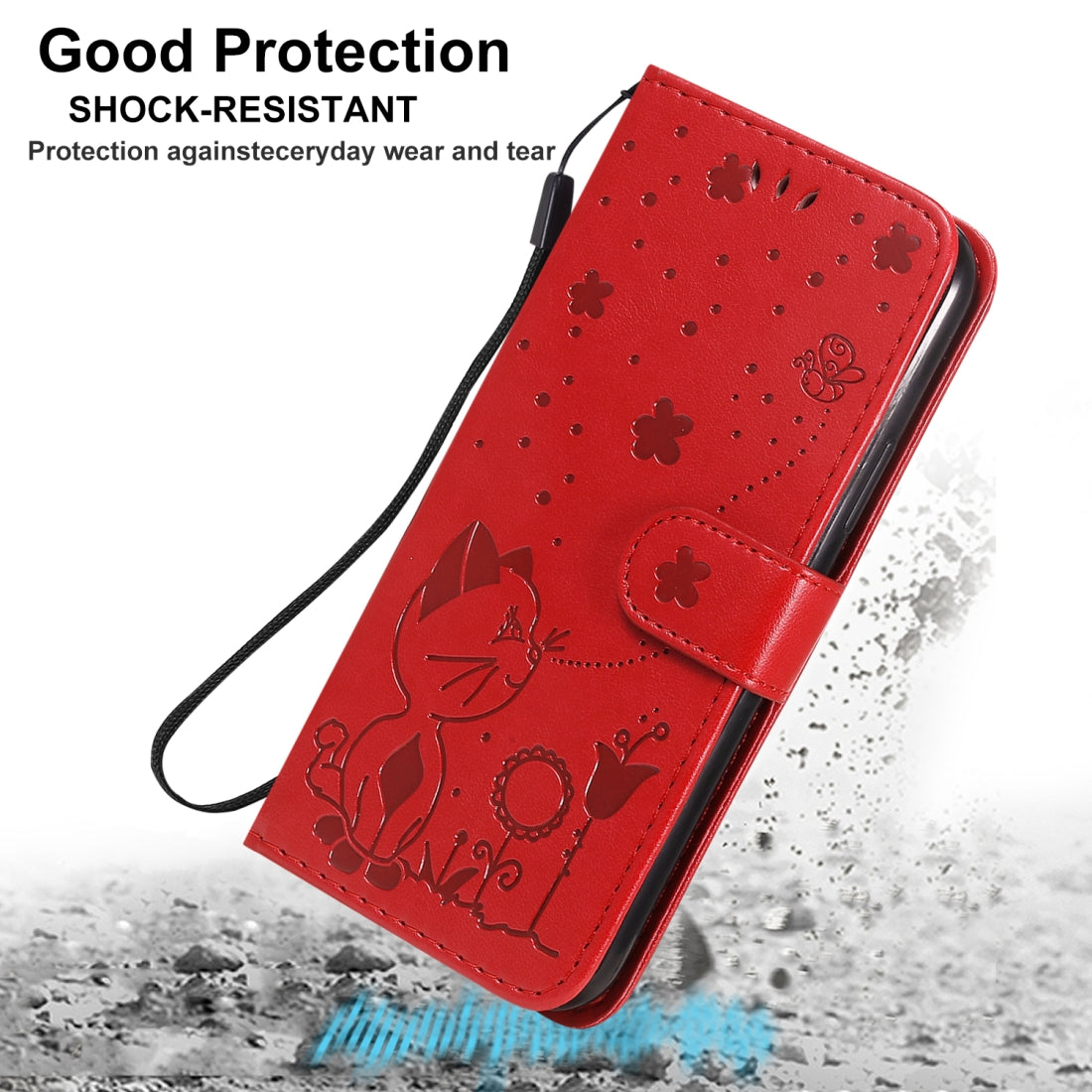 For Apple iPhone 11 Pro Cat and Bee Embossed Flip Leather Phone Case Wallet Cover with Card Slots Cash Pocket Magnetic Stand Protective Shockproof TPU PU Leather Case with Wrist Strap
