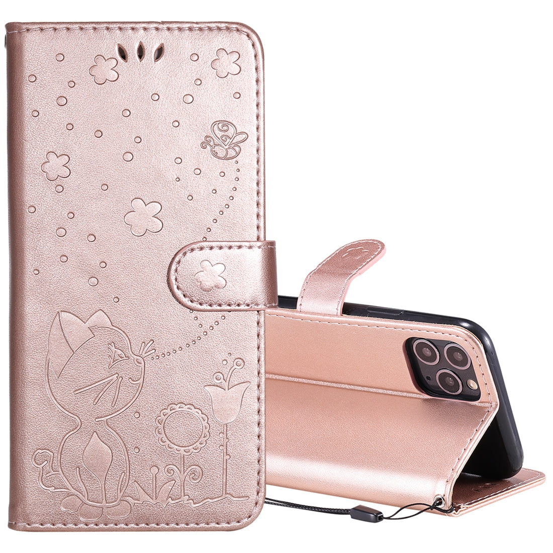 For Apple iPhone 11 Pro Cat and Bee Embossed Flip Leather Phone Case Wallet Cover with Card Slots Cash Pocket Magnetic Stand Protective Shockproof TPU PU Leather Case with Wrist Strap