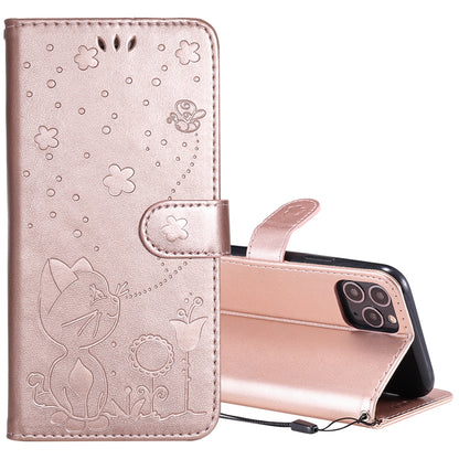 For Apple iPhone 11 Pro Cat and Bee Embossed Flip Leather Phone Case Wallet Cover with Card Slots Cash Pocket Magnetic Stand Protective Shockproof TPU PU Leather Case with Wrist Strap