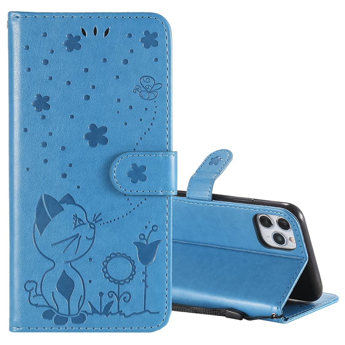 For Apple iPhone 11 Pro Max Cat and Bee Embossed Flip Leather Phone Case Wallet Cover with Card Slots Cash Pocket Magnetic Stand Protective Shockproof TPU PU Leather Case with Wrist Strap