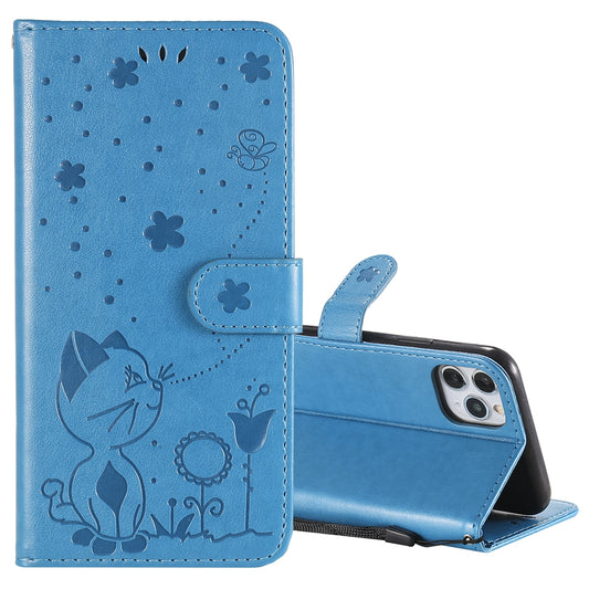 For Apple iPhone 11 Pro Max Cat and Bee Embossed Flip Leather Phone Case Wallet Cover with Card Slots Cash Pocket Magnetic Stand Protective Shockproof TPU PU Leather Case with Wrist Strap