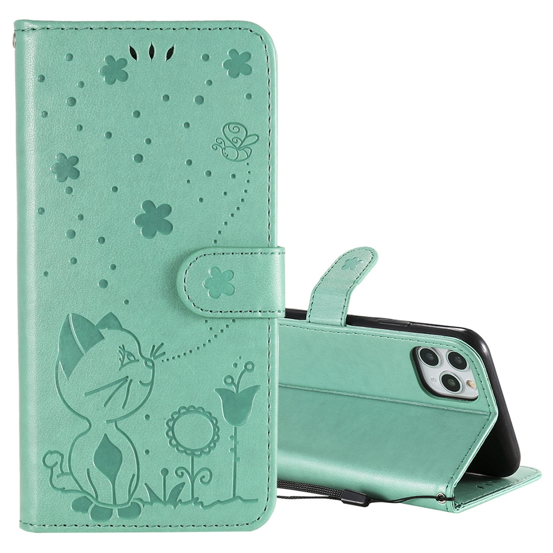 For Apple iPhone 11 Pro Max Cat and Bee Embossed Flip Leather Phone Case Wallet Cover with Card Slots Cash Pocket Magnetic Stand Protective Shockproof TPU PU Leather Case with Wrist Strap