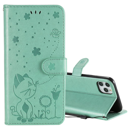 For Apple iPhone 11 Pro Max Cat and Bee Embossed Flip Leather Phone Case Wallet Cover with Card Slots Cash Pocket Magnetic Stand Protective Shockproof TPU PU Leather Case with Wrist Strap