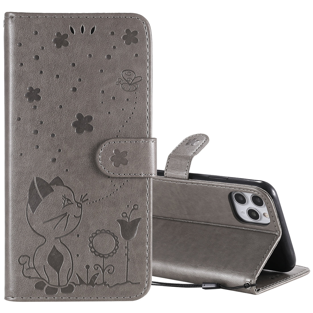 For Apple iPhone 11 Pro Max Cat and Bee Embossed Flip Leather Phone Case Wallet Cover with Card Slots Cash Pocket Magnetic Stand Protective Shockproof TPU PU Leather Case with Wrist Strap