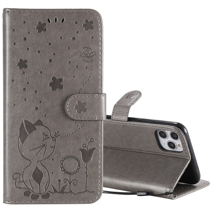 For Apple iPhone 11 Pro Max Cat and Bee Embossed Flip Leather Phone Case Wallet Cover with Card Slots Cash Pocket Magnetic Stand Protective Shockproof TPU PU Leather Case with Wrist Strap