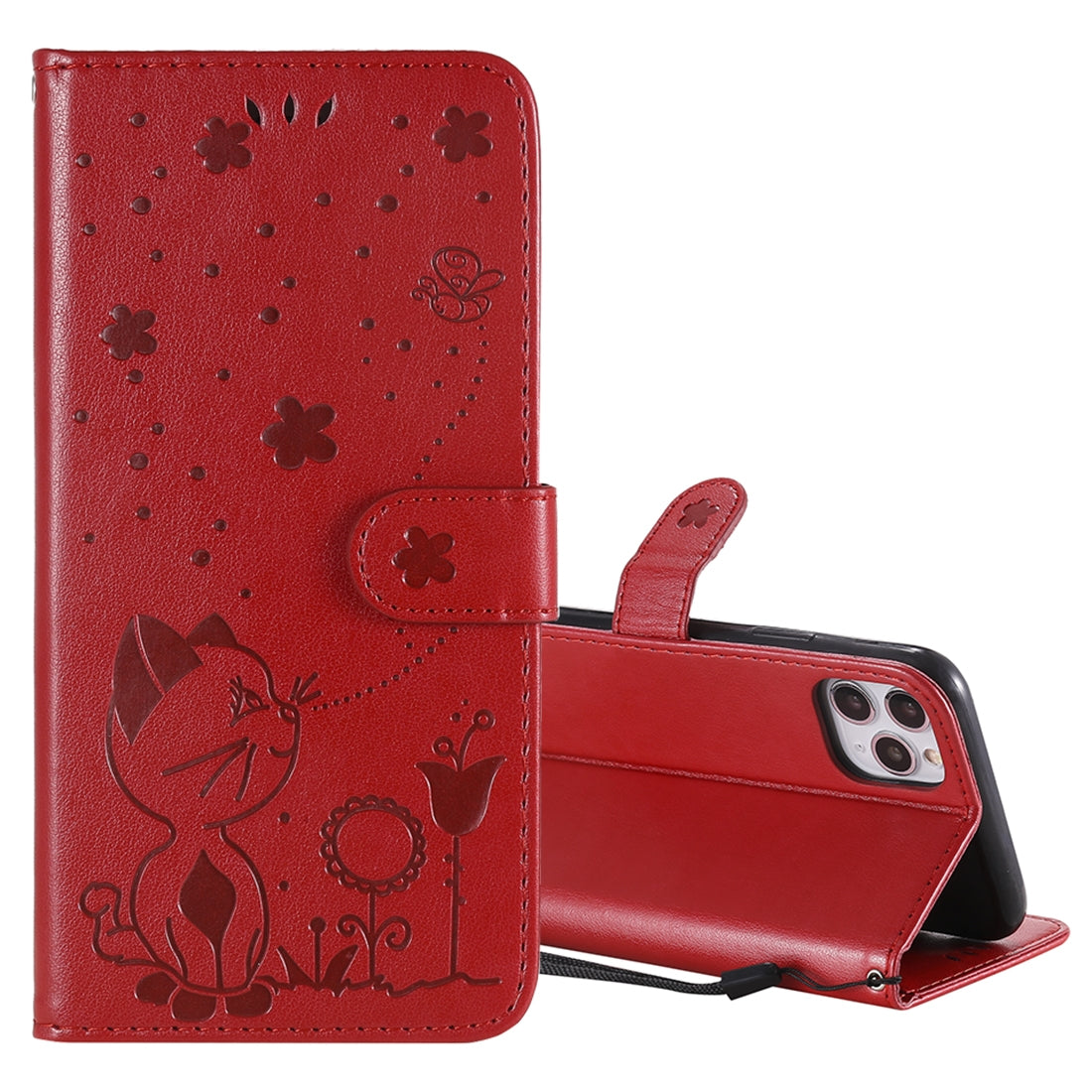 For Apple iPhone 11 Pro Max Cat and Bee Embossed Flip Leather Phone Case Wallet Cover with Card Slots Cash Pocket Magnetic Stand Protective Shockproof TPU PU Leather Case with Wrist Strap