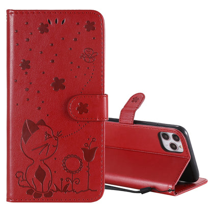 For Apple iPhone 11 Pro Max Cat and Bee Embossed Flip Leather Phone Case Wallet Cover with Card Slots Cash Pocket Magnetic Stand Protective Shockproof TPU PU Leather Case with Wrist Strap