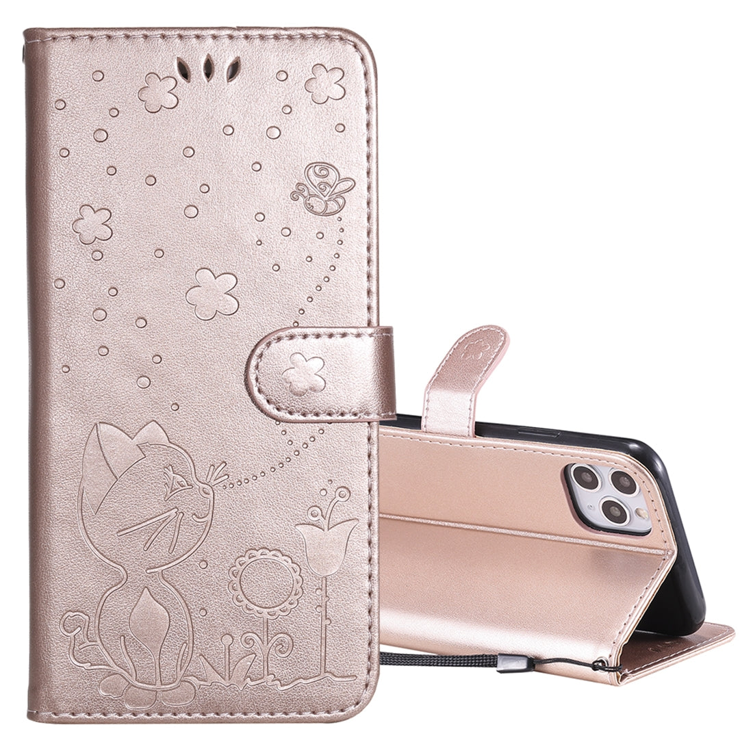 For Apple iPhone 11 Pro Max Cat and Bee Embossed Flip Leather Phone Case Wallet Cover with Card Slots Cash Pocket Magnetic Stand Protective Shockproof TPU PU Leather Case with Wrist Strap