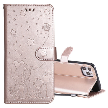 For Apple iPhone 11 Pro Max Cat and Bee Embossed Flip Leather Phone Case Wallet Cover with Card Slots Cash Pocket Magnetic Stand Protective Shockproof TPU PU Leather Case with Wrist Strap