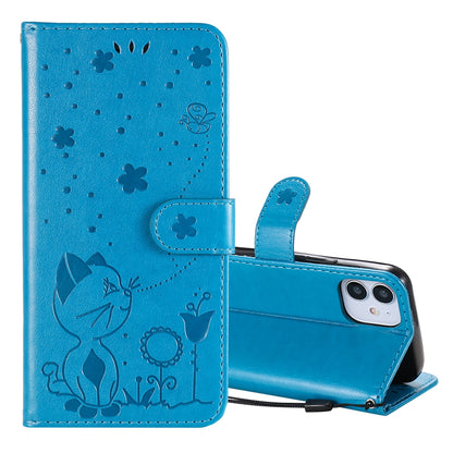 For Apple iPhone 12 mini Cat and Bee Embossed Flip Leather Phone Case Wallet Cover with Card Slots Cash Pocket Magnetic Stand Protective Shockproof TPU PU Leather Case with Wrist Strap