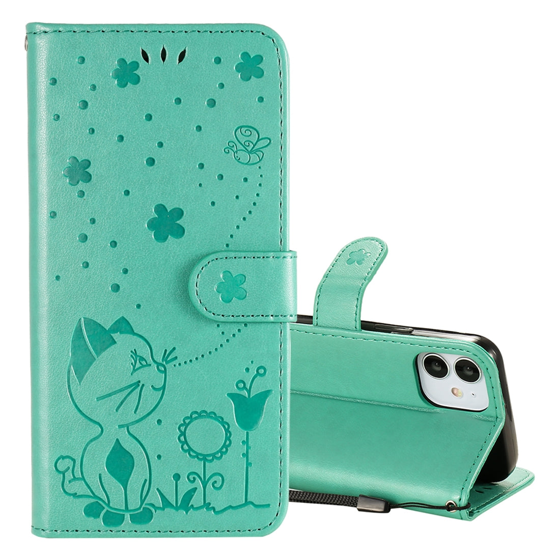 For Apple iPhone 12 mini Cat and Bee Embossed Flip Leather Phone Case Wallet Cover with Card Slots Cash Pocket Magnetic Stand Protective Shockproof TPU PU Leather Case with Wrist Strap