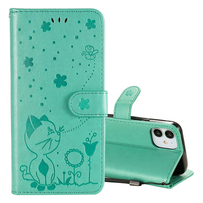 For Apple iPhone 12 mini Cat and Bee Embossed Flip Leather Phone Case Wallet Cover with Card Slots Cash Pocket Magnetic Stand Protective Shockproof TPU PU Leather Case with Wrist Strap
