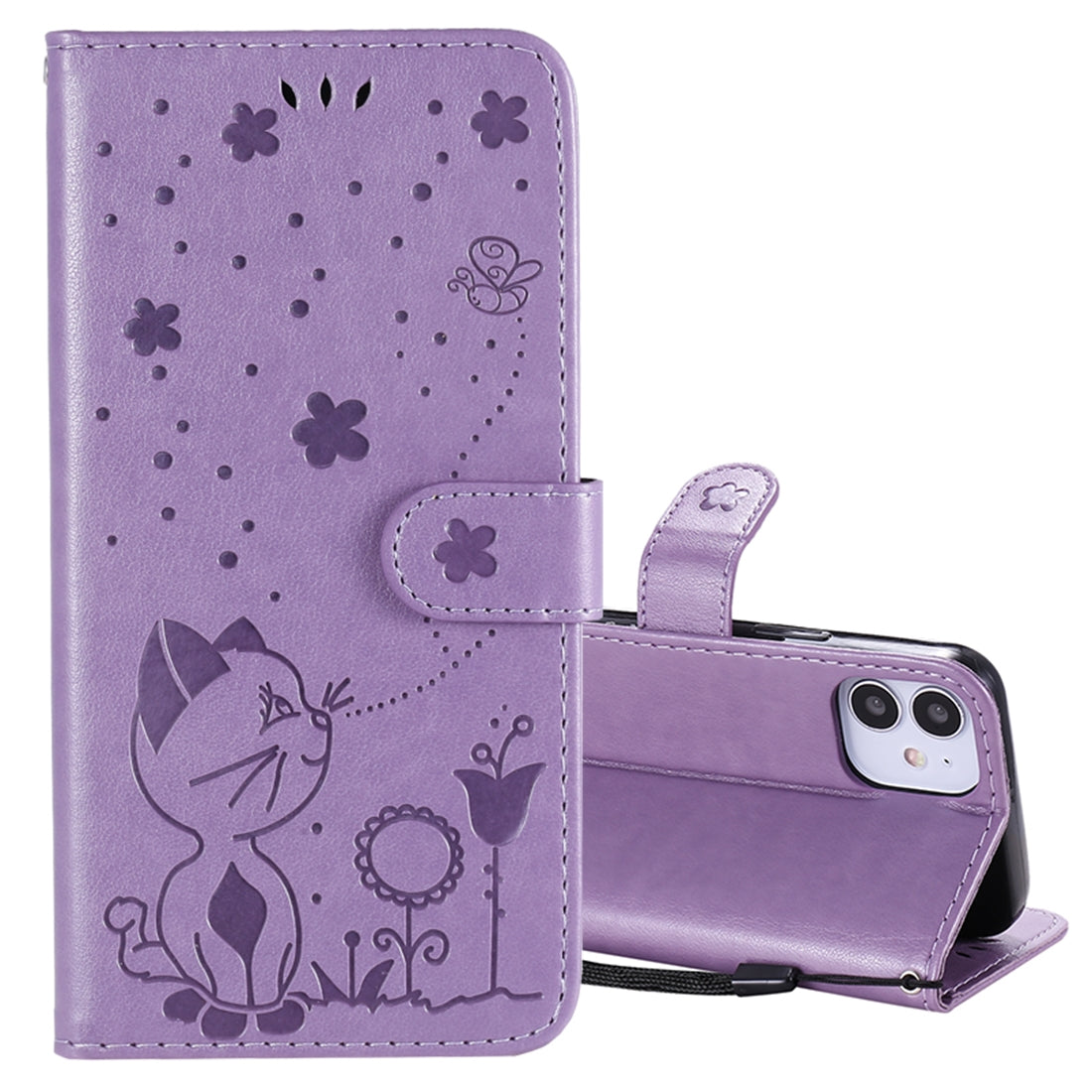 For Apple iPhone 12 mini Cat and Bee Embossed Flip Leather Phone Case Wallet Cover with Card Slots Cash Pocket Magnetic Stand Protective Shockproof TPU PU Leather Case with Wrist Strap