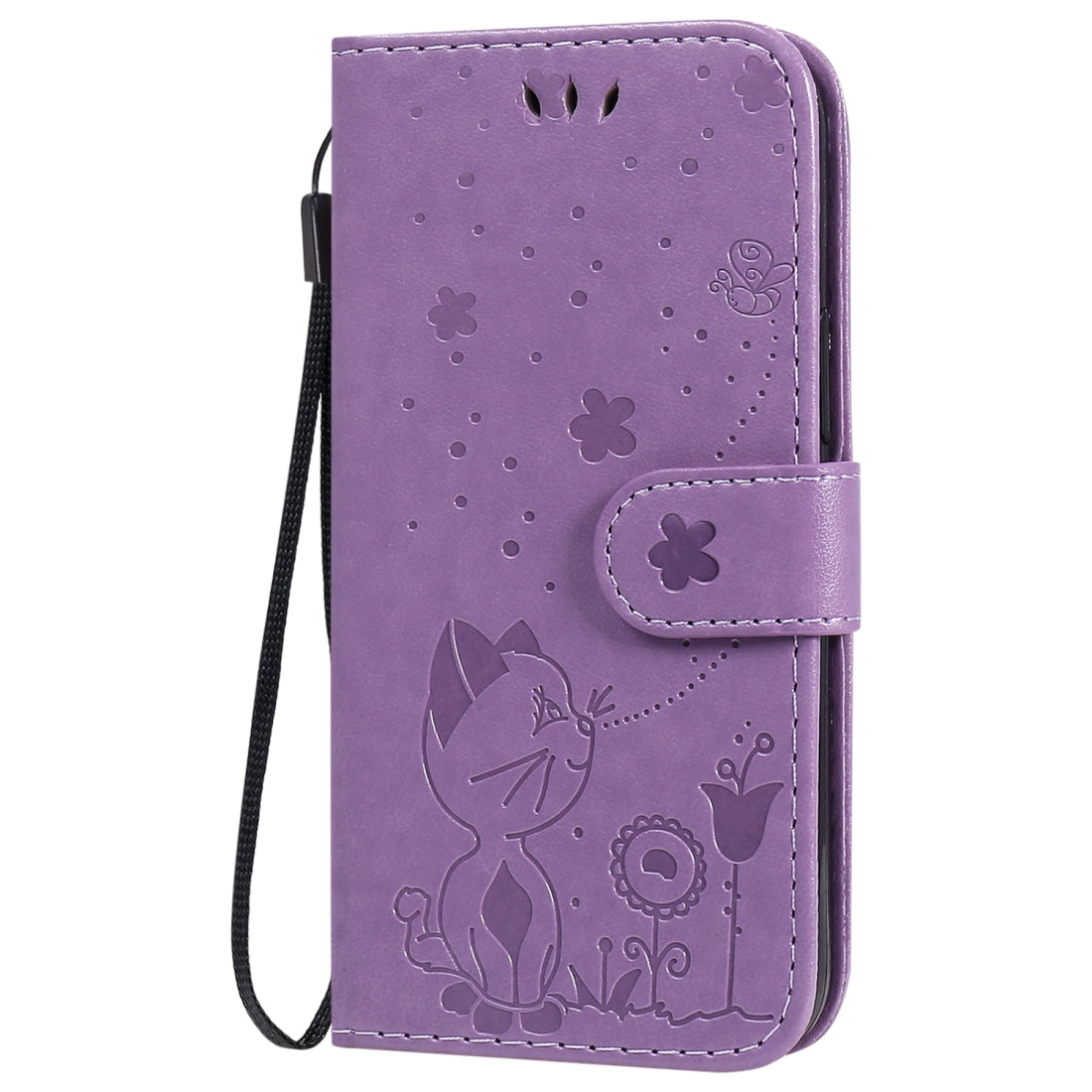 For Apple iPhone 12 mini Cat and Bee Embossed Flip Leather Phone Case Wallet Cover with Card Slots Cash Pocket Magnetic Stand Protective Shockproof TPU PU Leather Case with Wrist Strap