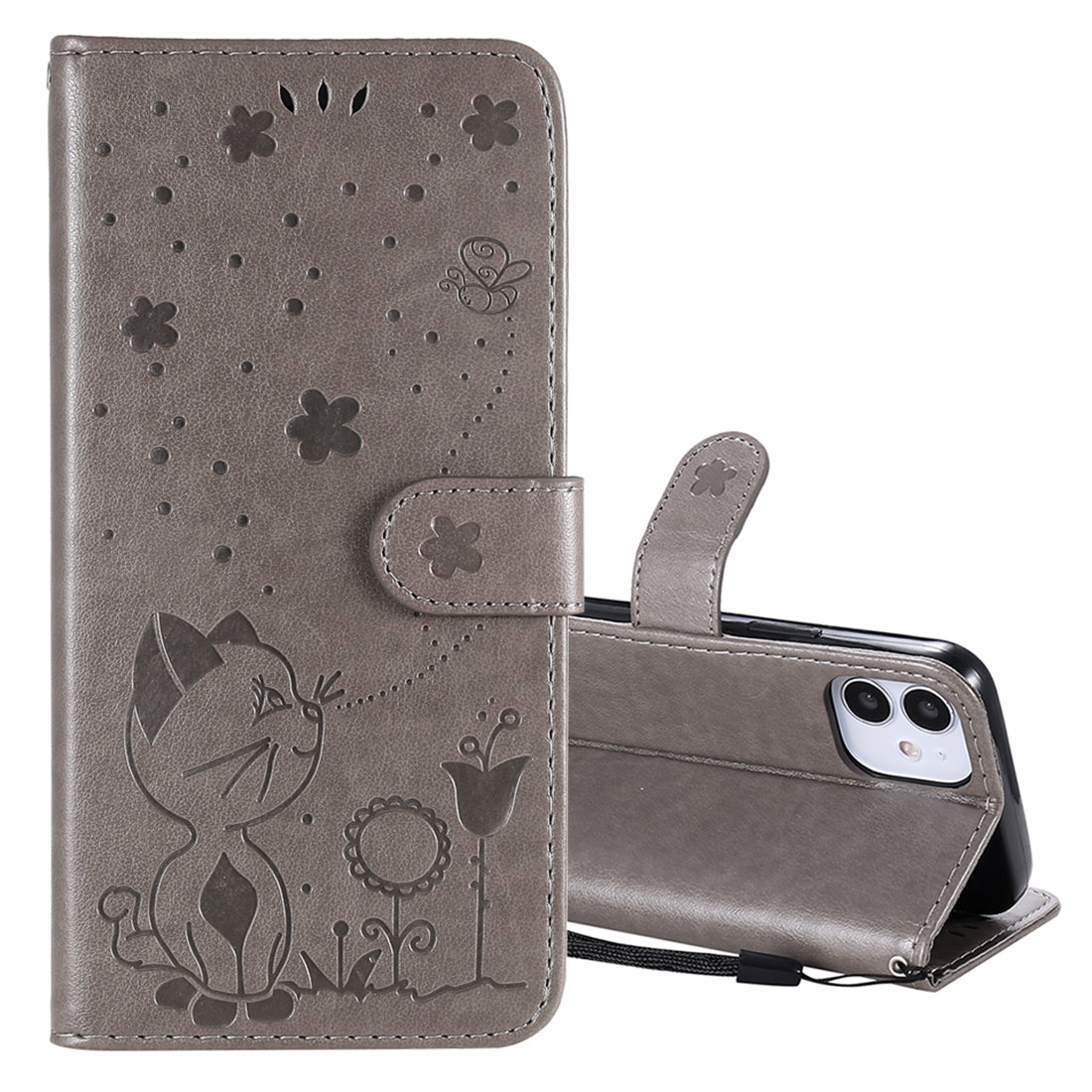 For Apple iPhone 12 mini Cat and Bee Embossed Flip Leather Phone Case Wallet Cover with Card Slots Cash Pocket Magnetic Stand Protective Shockproof TPU PU Leather Case with Wrist Strap