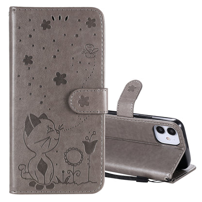 For Apple iPhone 12 mini Cat and Bee Embossed Flip Leather Phone Case Wallet Cover with Card Slots Cash Pocket Magnetic Stand Protective Shockproof TPU PU Leather Case with Wrist Strap