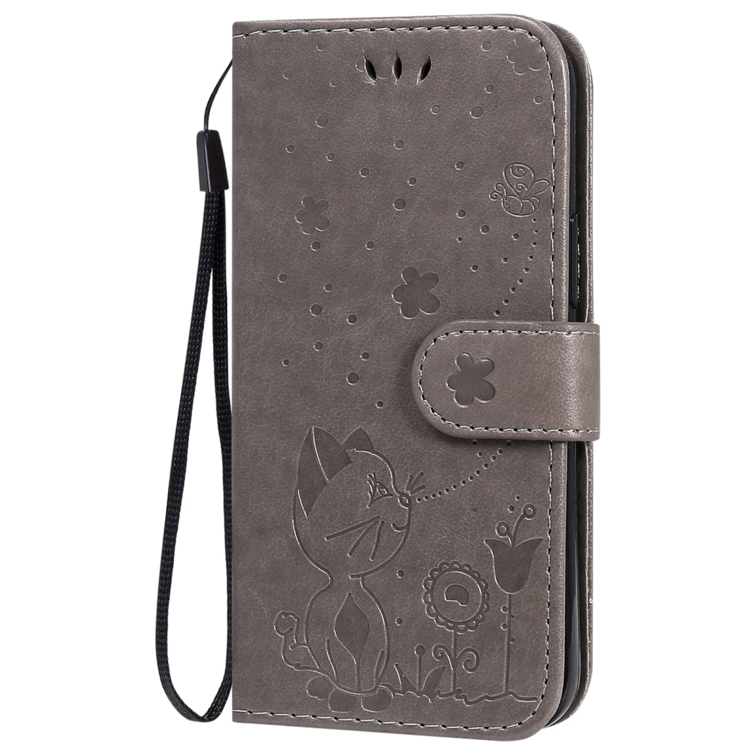 For Apple iPhone 12 mini Cat and Bee Embossed Flip Leather Phone Case Wallet Cover with Card Slots Cash Pocket Magnetic Stand Protective Shockproof TPU PU Leather Case with Wrist Strap