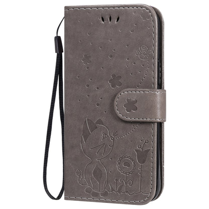 For Apple iPhone 12 mini Cat and Bee Embossed Flip Leather Phone Case Wallet Cover with Card Slots Cash Pocket Magnetic Stand Protective Shockproof TPU PU Leather Case with Wrist Strap
