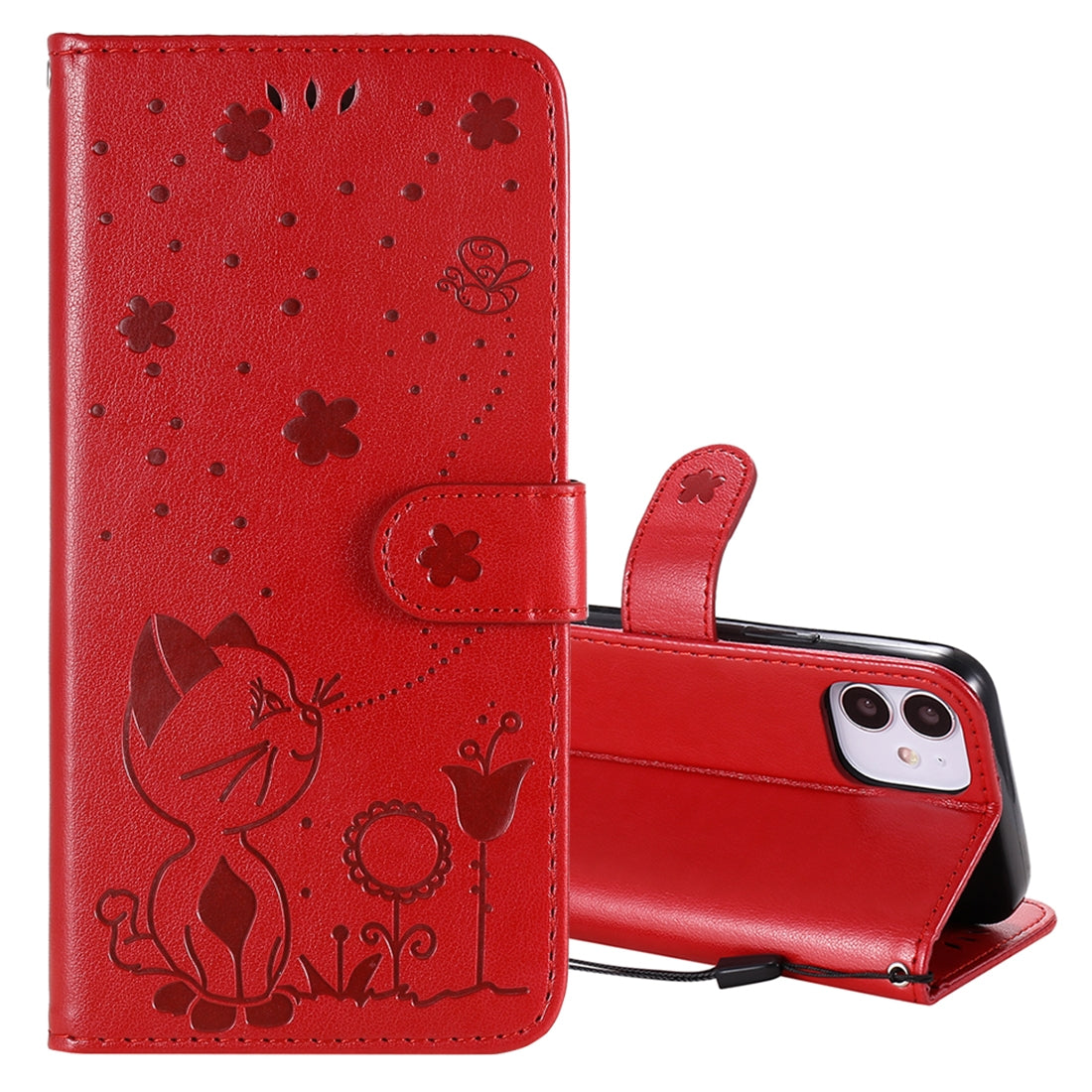 For Apple iPhone 12 mini Cat and Bee Embossed Flip Leather Phone Case Wallet Cover with Card Slots Cash Pocket Magnetic Stand Protective Shockproof TPU PU Leather Case with Wrist Strap