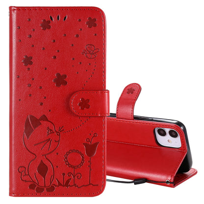 For Apple iPhone 12 mini Cat and Bee Embossed Flip Leather Phone Case Wallet Cover with Card Slots Cash Pocket Magnetic Stand Protective Shockproof TPU PU Leather Case with Wrist Strap