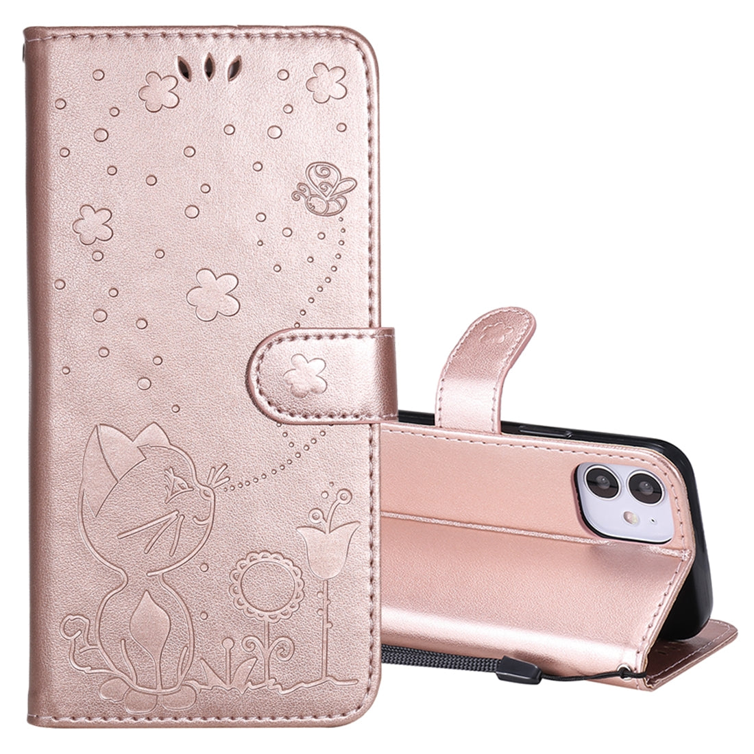 For Apple iPhone 12 mini Cat and Bee Embossed Flip Leather Phone Case Wallet Cover with Card Slots Cash Pocket Magnetic Stand Protective Shockproof TPU PU Leather Case with Wrist Strap