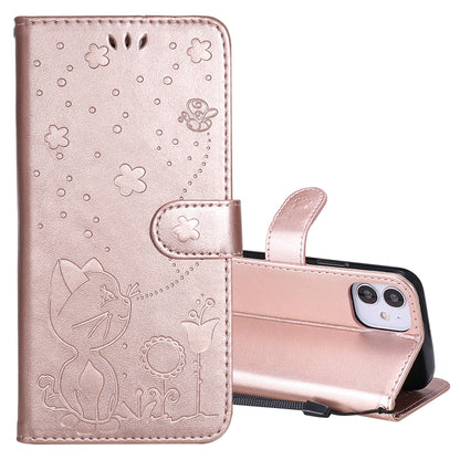 For Apple iPhone 12 mini Cat and Bee Embossed Flip Leather Phone Case Wallet Cover with Card Slots Cash Pocket Magnetic Stand Protective Shockproof TPU PU Leather Case with Wrist Strap