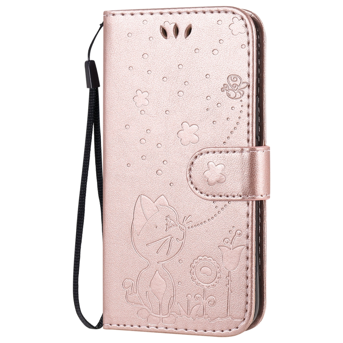 For Apple iPhone 12 mini Cat and Bee Embossed Flip Leather Phone Case Wallet Cover with Card Slots Cash Pocket Magnetic Stand Protective Shockproof TPU PU Leather Case with Wrist Strap