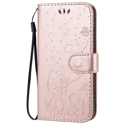 For Apple iPhone 12 mini Cat and Bee Embossed Flip Leather Phone Case Wallet Cover with Card Slots Cash Pocket Magnetic Stand Protective Shockproof TPU PU Leather Case with Wrist Strap
