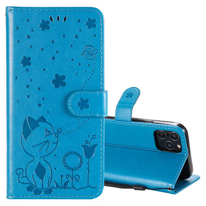 For Apple iPhone 12 Cat and Bee Embossed Flip Leather Phone Case Wallet Cover with Card Slots Cash Pocket Magnetic Stand Protective Shockproof TPU PU Leather Case with Wrist Strap