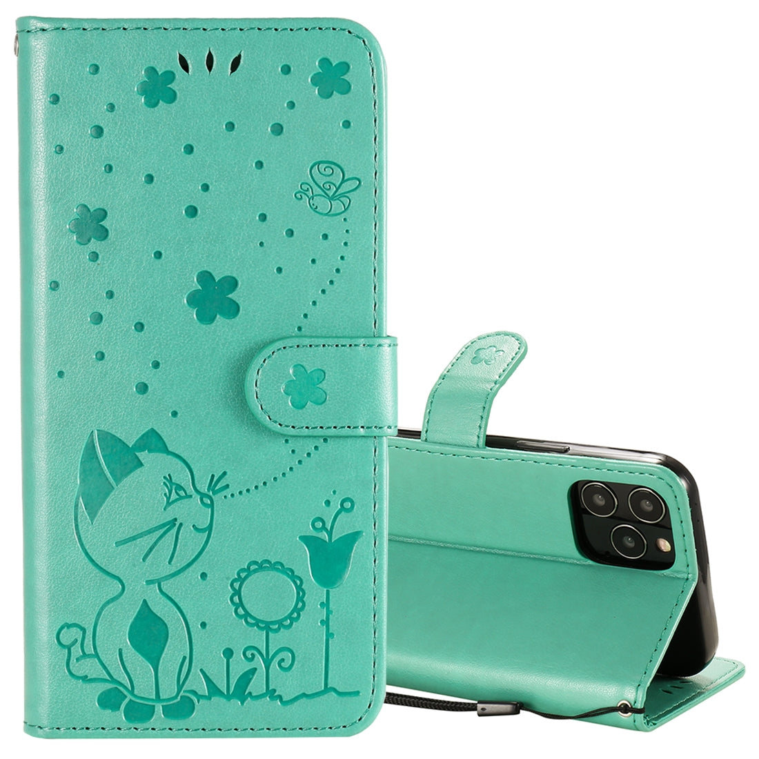 For Apple iPhone 12 Cat and Bee Embossed Flip Leather Phone Case Wallet Cover with Card Slots Cash Pocket Magnetic Stand Protective Shockproof TPU PU Leather Case with Wrist Strap