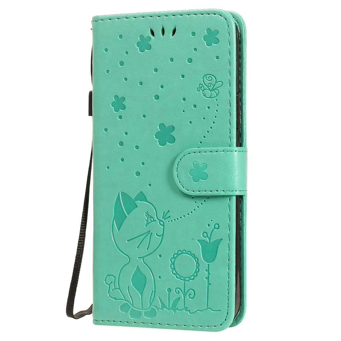 For Apple iPhone 12 Cat and Bee Embossed Flip Leather Phone Case Wallet Cover with Card Slots Cash Pocket Magnetic Stand Protective Shockproof TPU PU Leather Case with Wrist Strap