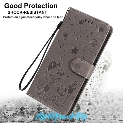 For Apple iPhone 12 Cat and Bee Embossed Flip Leather Phone Case Wallet Cover with Card Slots Cash Pocket Magnetic Stand Protective Shockproof TPU PU Leather Case with Wrist Strap