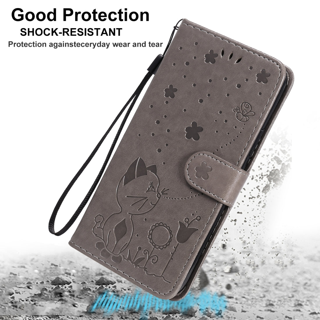 For Apple iPhone 12 Pro Cat and Bee Embossed Flip Leather Phone Case Wallet Cover with Card Slots Cash Pocket Magnetic Stand Protective Shockproof TPU PU Leather Case with Wrist Strap