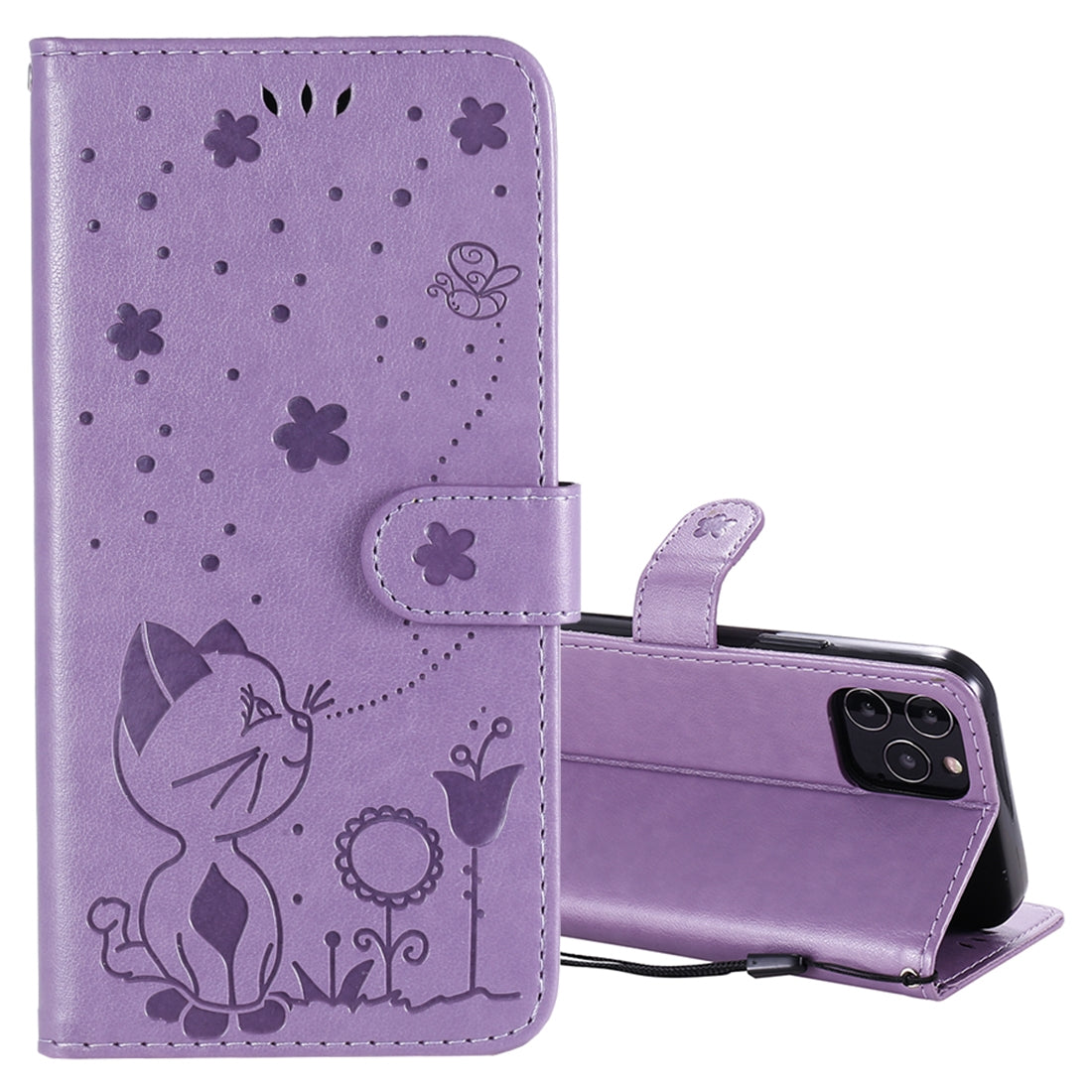 For Apple iPhone 12 Cat and Bee Embossed Flip Leather Phone Case Wallet Cover with Card Slots Cash Pocket Magnetic Stand Protective Shockproof TPU PU Leather Case with Wrist Strap