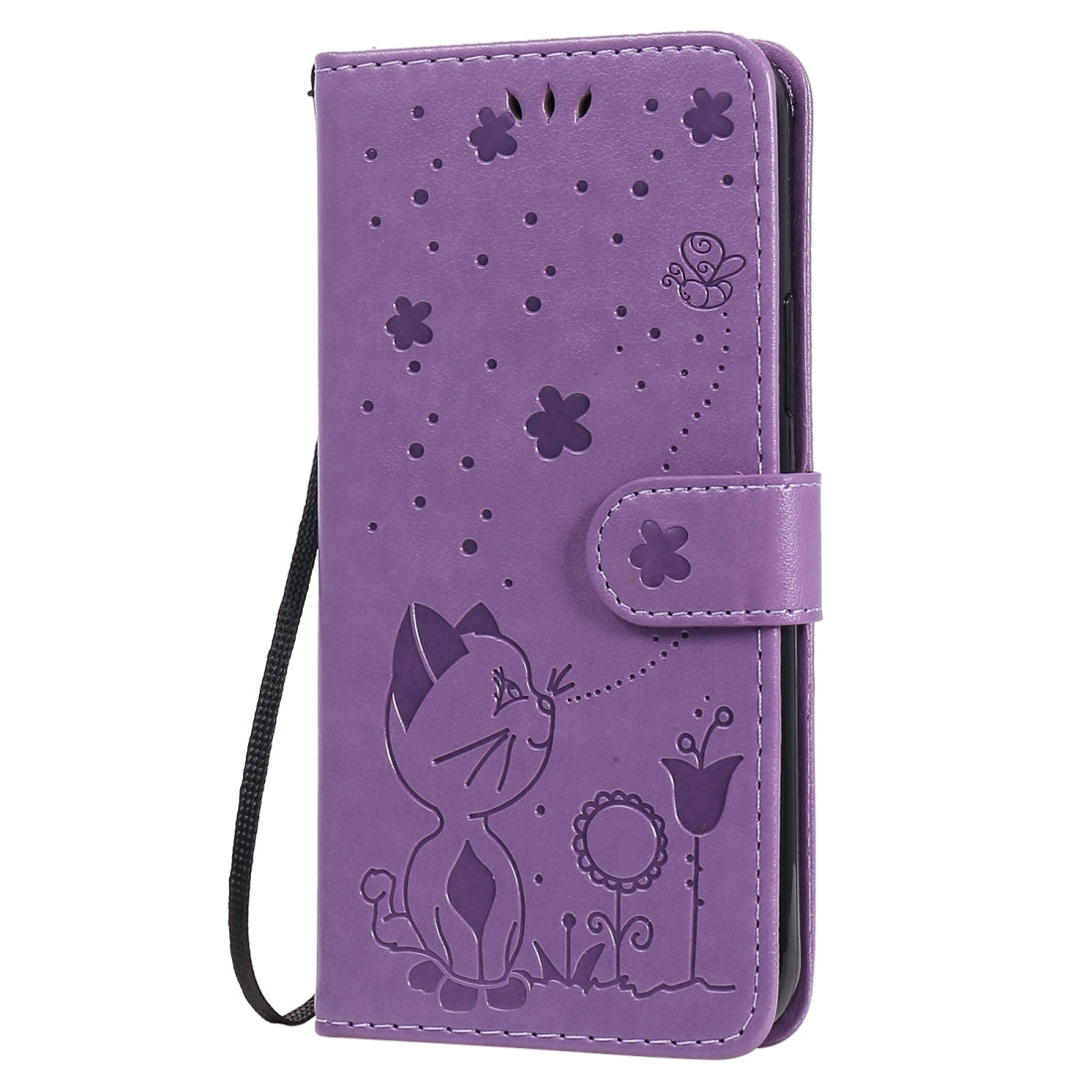 For Apple iPhone 12 Cat and Bee Embossed Flip Leather Phone Case Wallet Cover with Card Slots Cash Pocket Magnetic Stand Protective Shockproof TPU PU Leather Case with Wrist Strap