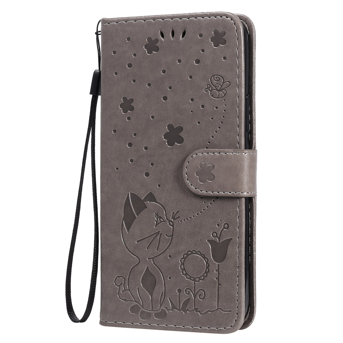 For Apple iPhone 12 Cat and Bee Embossed Flip Leather Phone Case Wallet Cover with Card Slots Cash Pocket Magnetic Stand Protective Shockproof TPU PU Leather Case with Wrist Strap