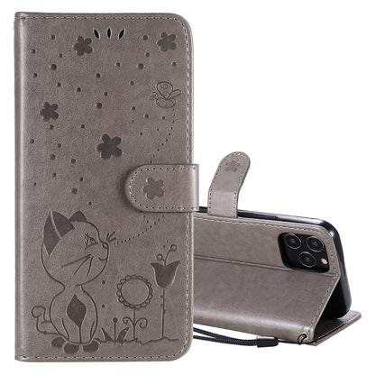 For Apple iPhone 12 Pro Cat and Bee Embossed Flip Leather Phone Case Wallet Cover with Card Slots Cash Pocket Magnetic Stand Protective Shockproof TPU PU Leather Case with Wrist Strap