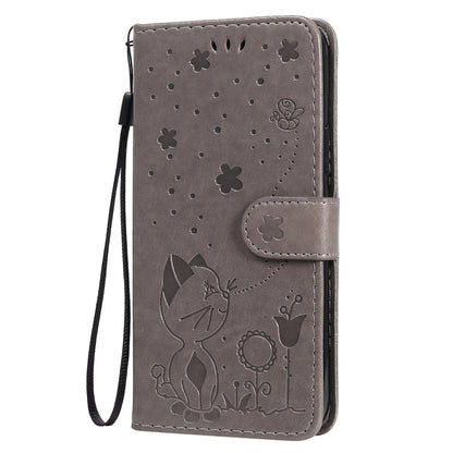 For Apple iPhone 12 Pro Cat and Bee Embossed Flip Leather Phone Case Wallet Cover with Card Slots Cash Pocket Magnetic Stand Protective Shockproof TPU PU Leather Case with Wrist Strap